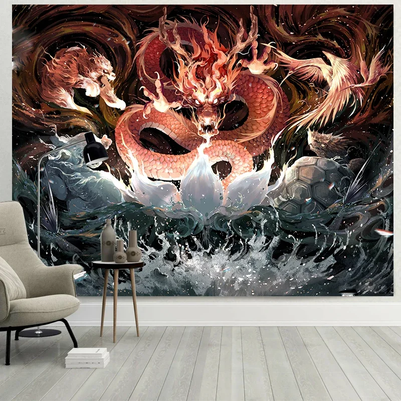 Chinese Dragon Tapestry Satin Canvas Wall Hanging Bedroom Home Dorm Decor Wall Art