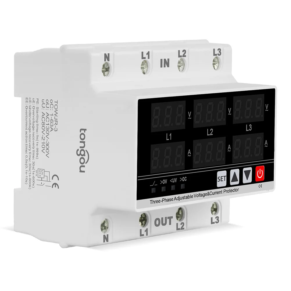 

1-63A 230В AC TOWZS-4-63 Трехфазный регулируемый защитный модуль напряжения и тока на DIN-рейку с дисплеем, сменный аксессуар