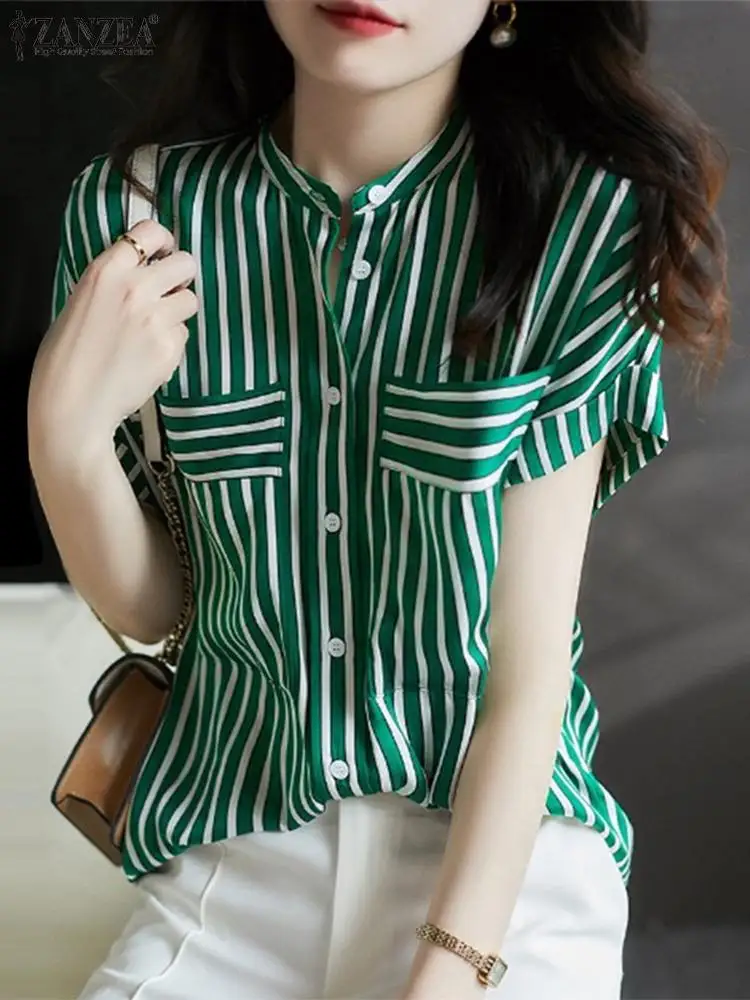 

Fashion Women Stand Collar Tops ZANZEA Office Lady Stripes Shirts Holiday Summer Short Sleeve Tunics Casual 2025 Buttons Blusas