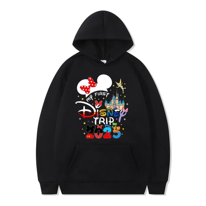 Sudadera con capucha divertida de Disney My First Trip 2025, jerséis con estampado de Mickey Minnie, Tops, sudaderas versátiles de otoño, ropa informal para mujer