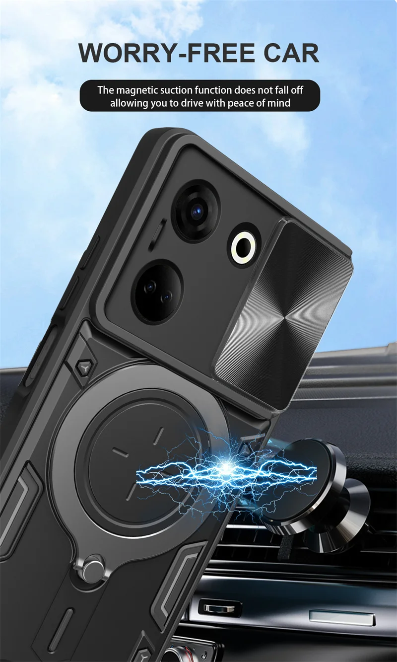 For Tecno Camon 20 Pro 4G 5G Case Magnetic Car Holder Ring Armor Phone Case For Tecno Camon20 20Pro Slide Lens Protect Cover