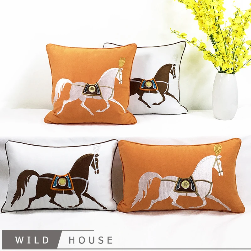 Throw Pillow Cushion Covers Luxury Horse Embroidery Modern Style Couch Sofa Pillow Cover For Living Room Bedroom