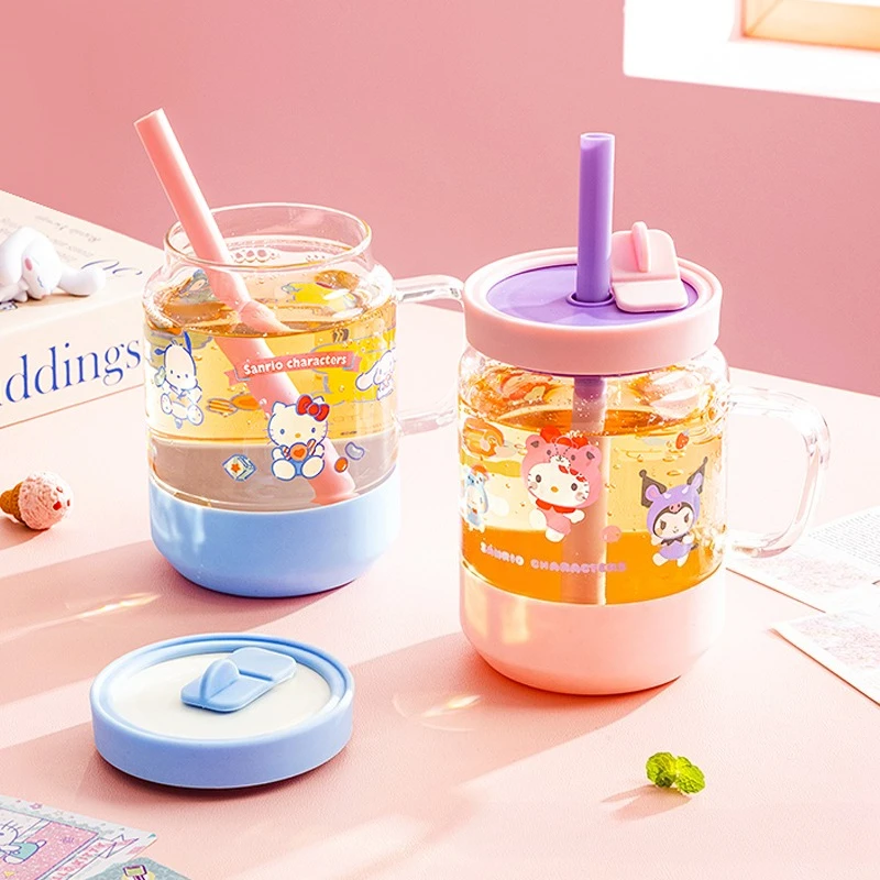 Sanrio 750ML Straw Cup High Borosilicate Glass Heat-resistant Cartoon Water Cups with Cover Home Cold Drink Juice Milk Mug Gift