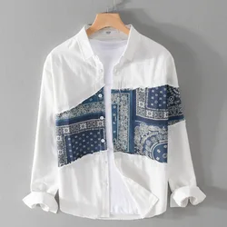 2023 neue Frühling Herbst Herren Baumwolle koreanische Patchwork-Shirts Langarm lose lässige Männer Turn-Down-Kragen Tops Kleidung