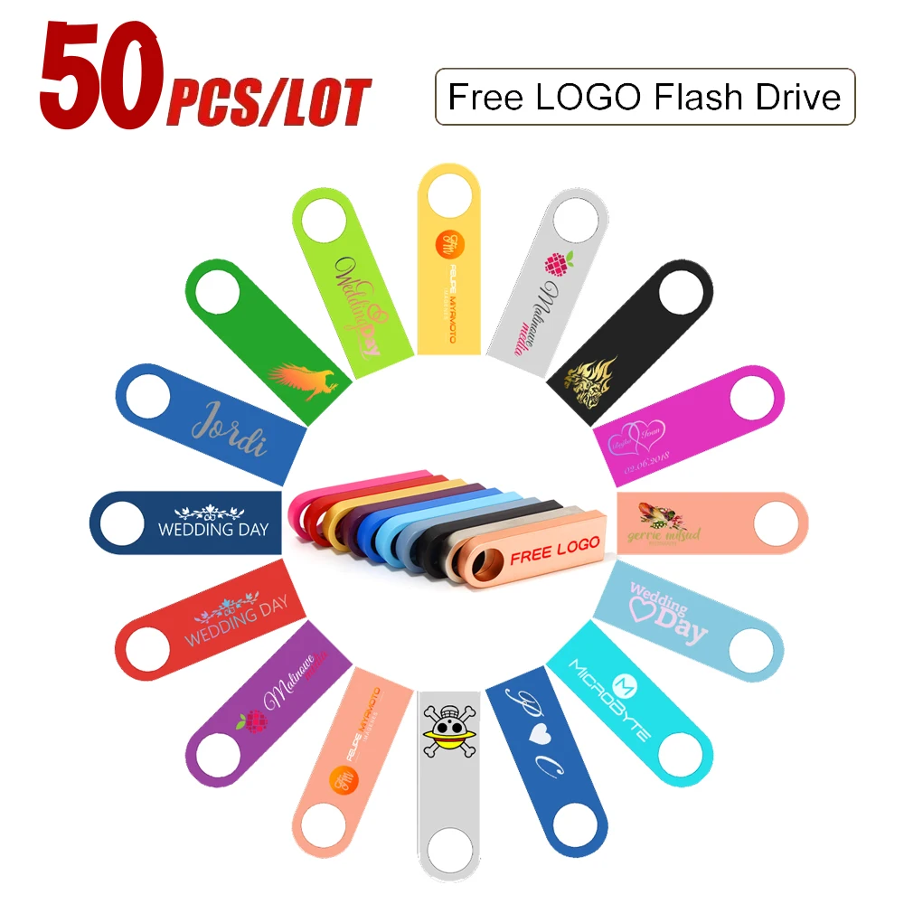 

Free Custom Logo 50PCS/LOT Metal USB Flash Drives 16GB Wholesale Memory Stick 64GB 32GB Pen Drive Creative Gift Pendrive 8GB 4GB
