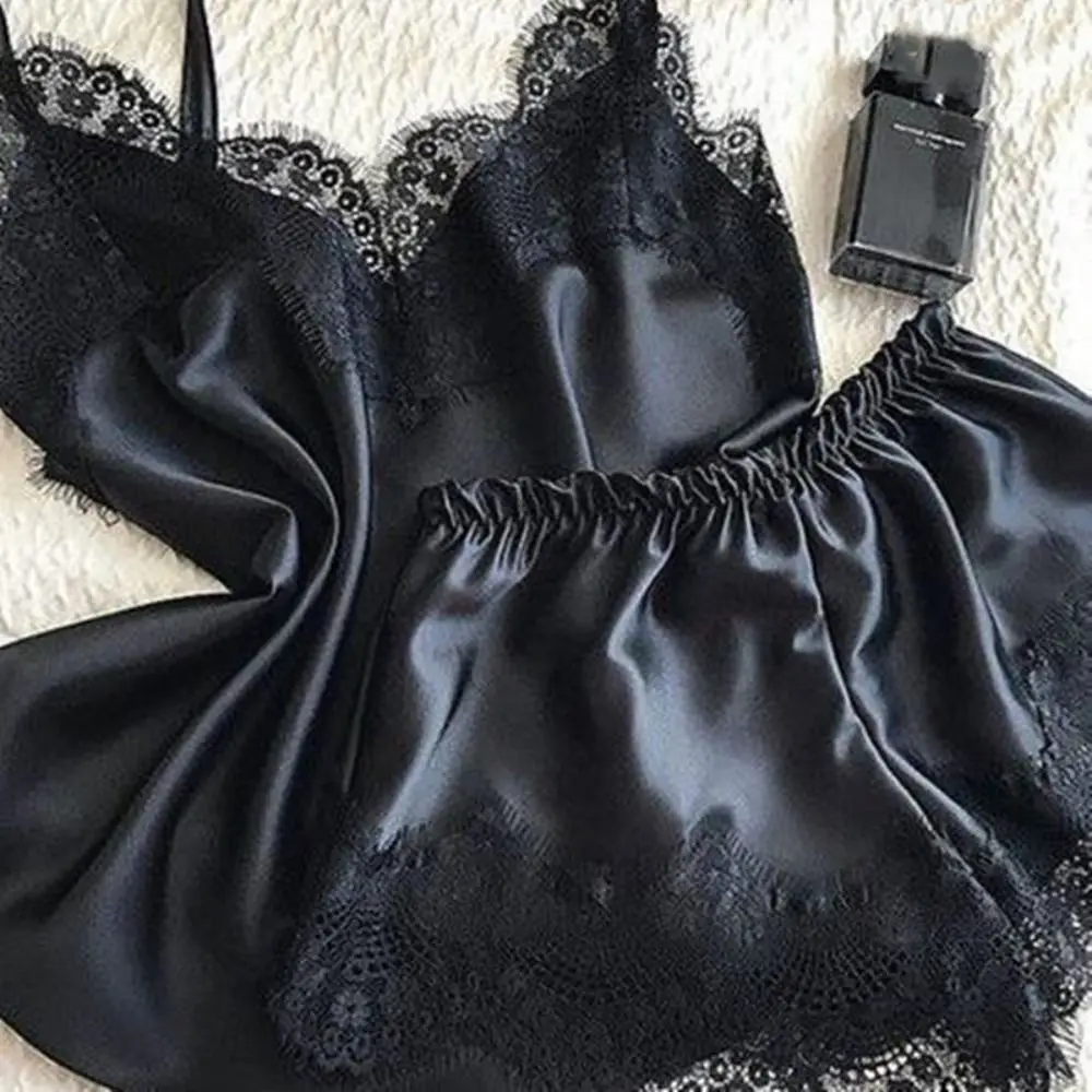 

Sweet Bowknot Lace Pajama Suit V-Neck Satin Ice Silk Two Pieces Nightwear Loose Sleeveless Lace Sleepwear Sets Summer