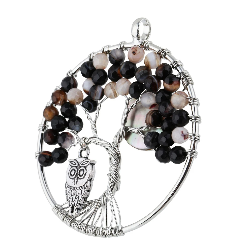 SUNYIK 18KGP Life Tree Pendant Black Agate Stone Round Beads As leaf Owl Hung Under Abalone Shell Full Moon Poetry Jewelry