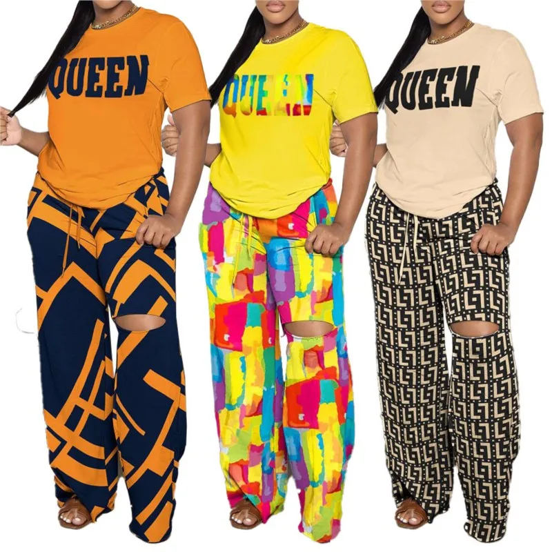 Two Pieces Sets Spring Summer New Casual Print Short Sleeve Wide Leg Pants Set Fashion Pants Loose T-shirt Set Women\'s Clothing