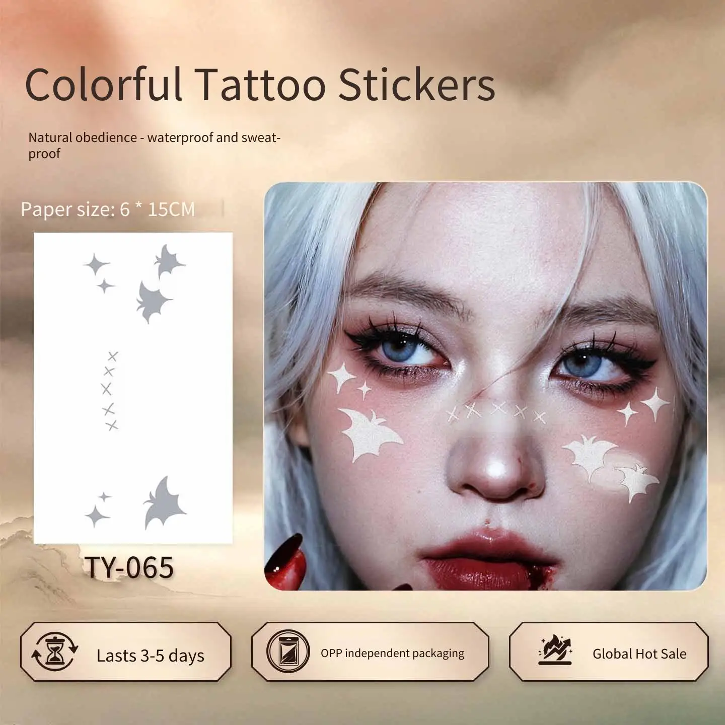 1 Sheet Per Pack Temporary Tattoo Sticker Waterproof Long Lasting Star Bat Face for Women