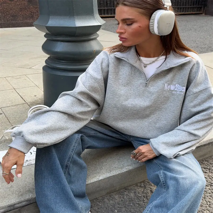 ยุโรปอเมริกันวิทยาลัยผู้หญิงเสื้อเรโทรเปิดซิปปกเปิดปกเสื้อสีเทาเสื้อแขนยาวฤดูใบไม้ร่วงหลวม Y2K