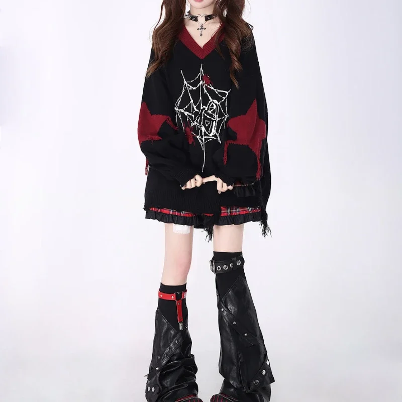 Deeptown Gothic Y2k Trui Vrouwen Harajuku Vintage Punk Lange Mouw Gebreide Trui Grunge Mode Streetwear Oversize Truien