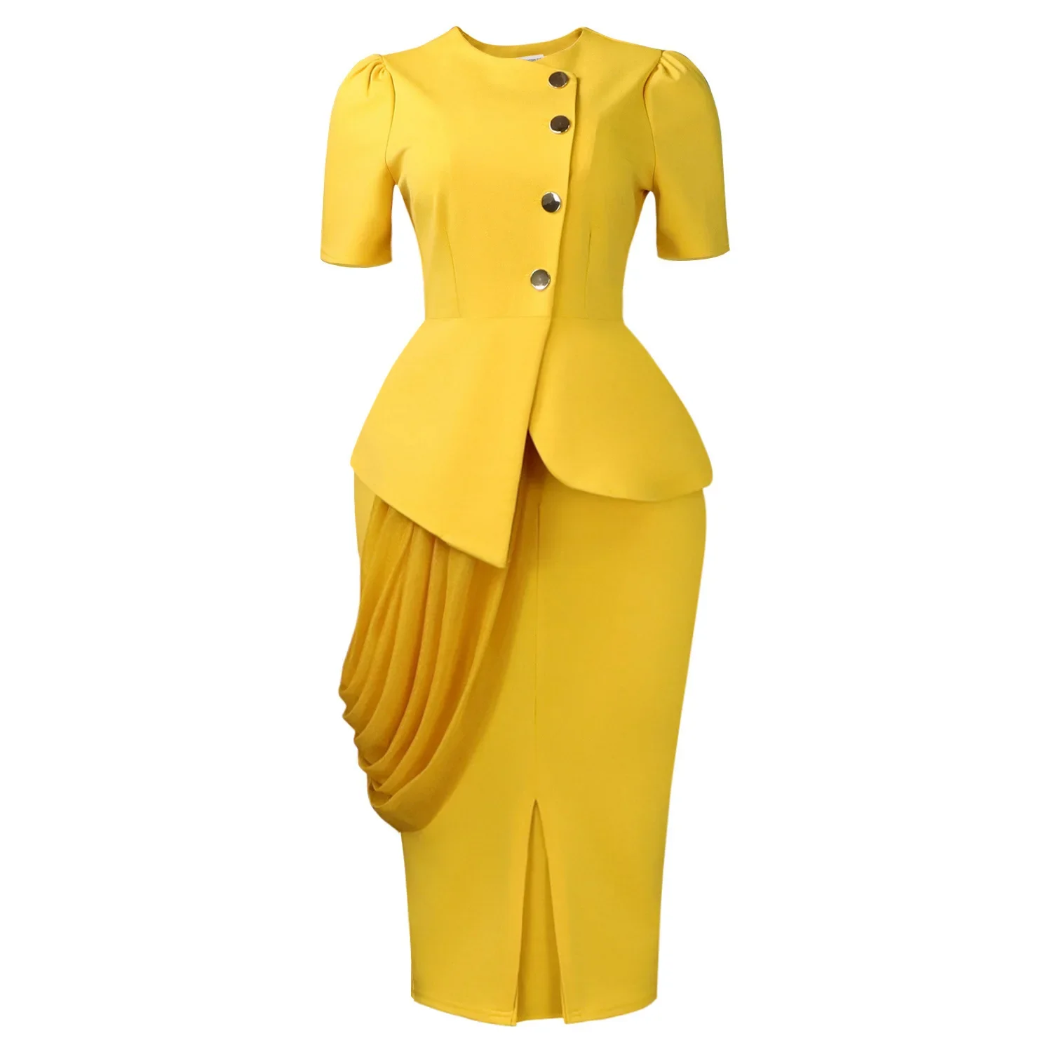 Elegant Two Piece Set for Women Short Sleeves Buttons Tops Stylish Draped Package Hip Skirt Office Business Formal Occasions