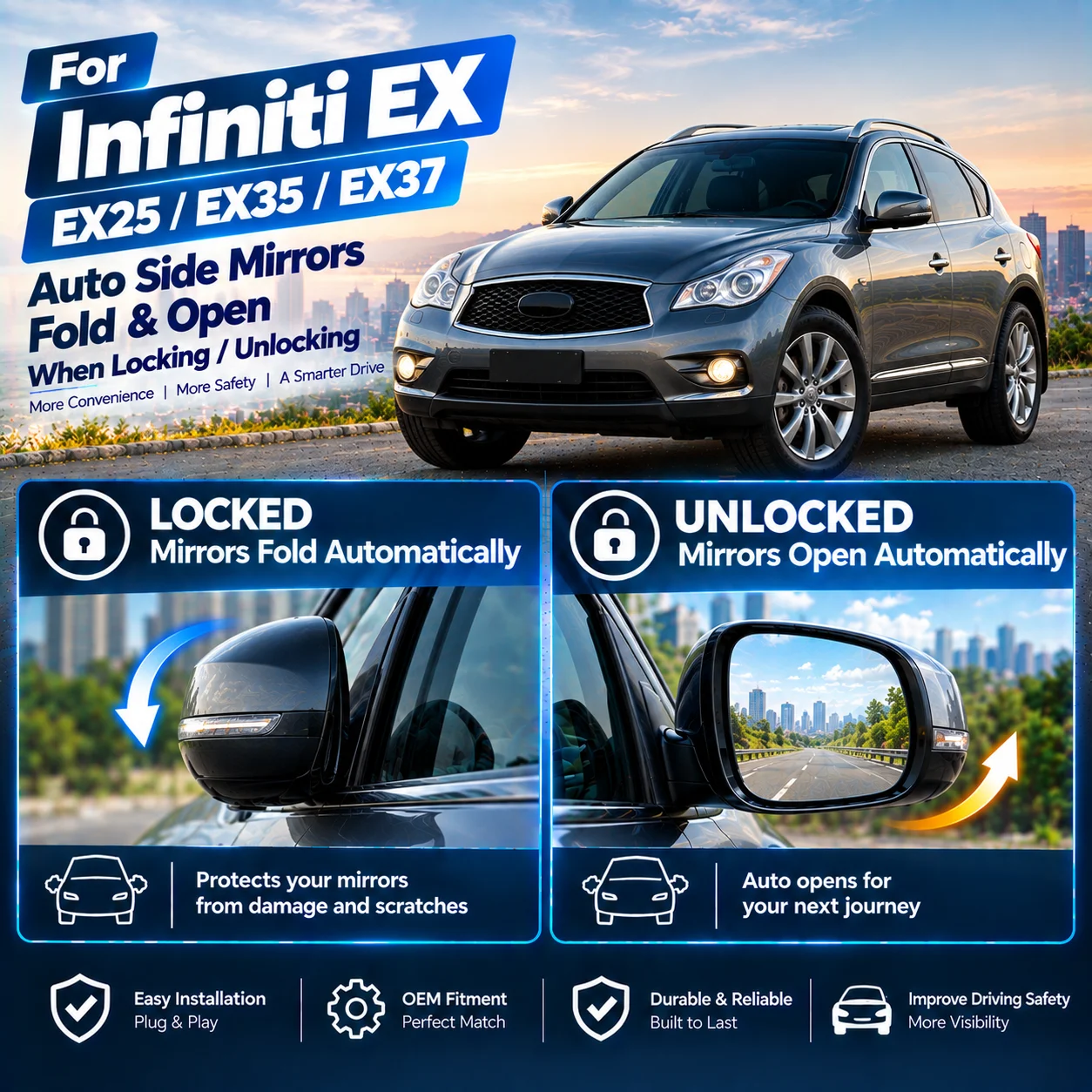 Automatic side mirror folding module for Infiniti EX serial EX25/EX35/EX37: folds upon locking, unfolds upon unlocking