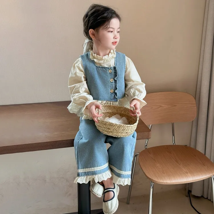 Ropa de niña, conjuntos de tres piezas de encaje a la moda para niños, estilo coreano, trajes largos de mezclilla para primavera y otoño, trajes para niñas