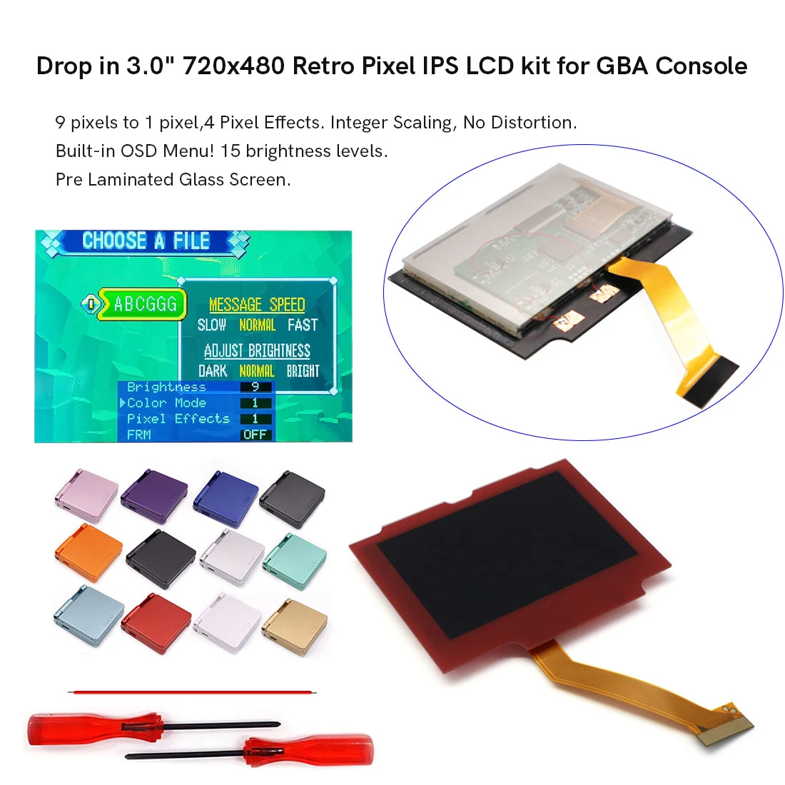 

Red Lens -- Drop In 3.0'' V5 Pre-Laminated 720x480 Retro Pixel IPS Backlight LCD Kit For GBA SP With Clear Shell