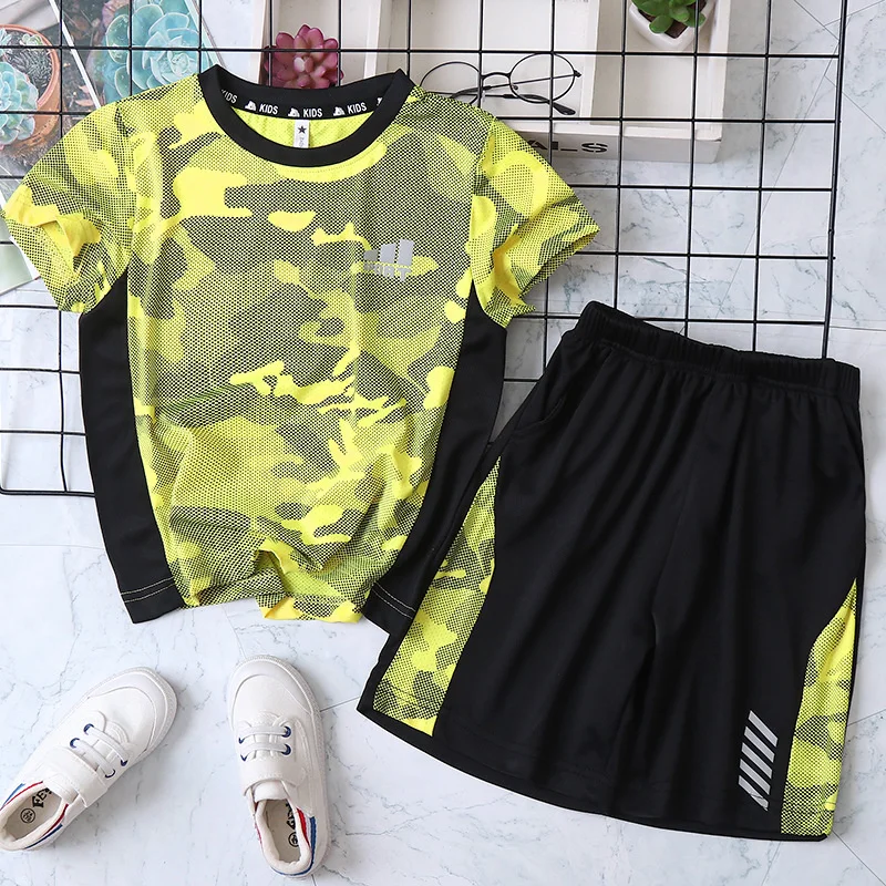 Outdoor Quick-Dry Kids Top Summer T-Shirt+Shorts Sets Moisture Wicking Camouflage Print Baby Boys 2-Piece Workout Set 3-13 Years