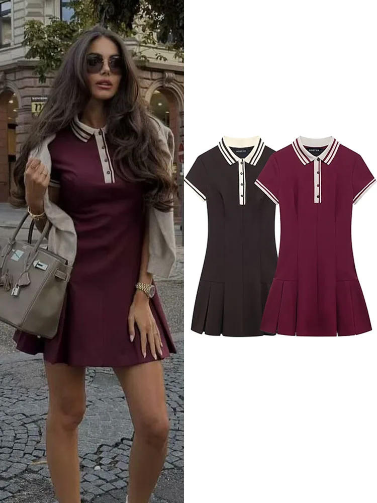 Büro-Damen-Rippen, breites Plissee-Minikleid, süße Mädchen-Revers, schmale Falten-Kleider, 2024, neue Kurzarm-Partykleider