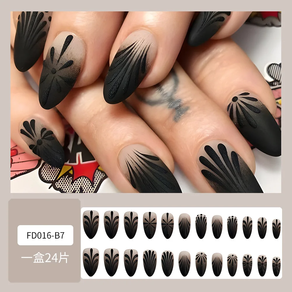 24pcs Matte Black Fake Nails Sweet Cool Spice Girls Style Press on Nails Wearable Detachable European Almond Shaped False Nails