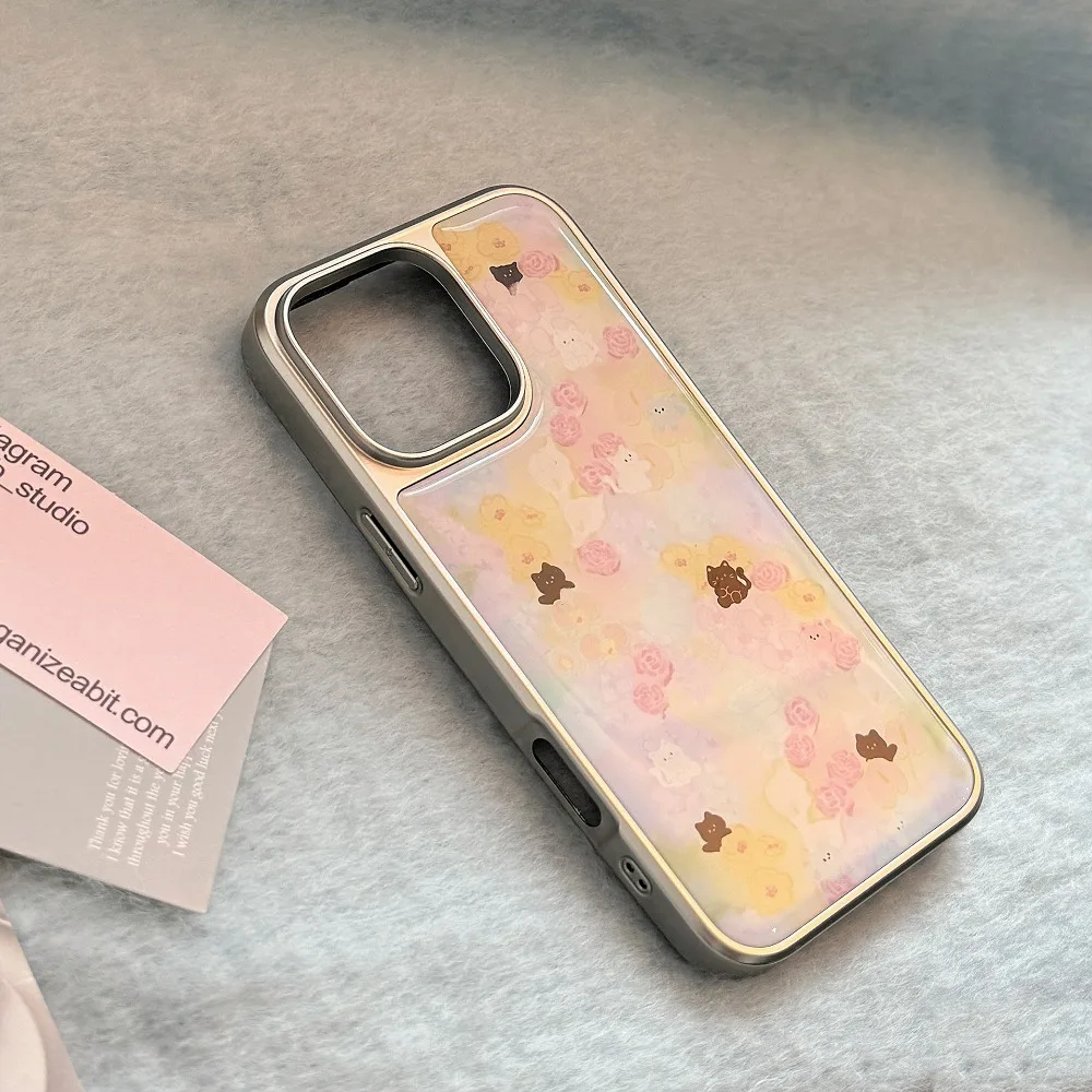 Ins زهرة البحر القط نمط الفضة حافة الايبوكسي مكافحة الإفلات جراب هاتف آيفون XR/11/12/13/14/15/16/17 برو ماكس جراب هاتف