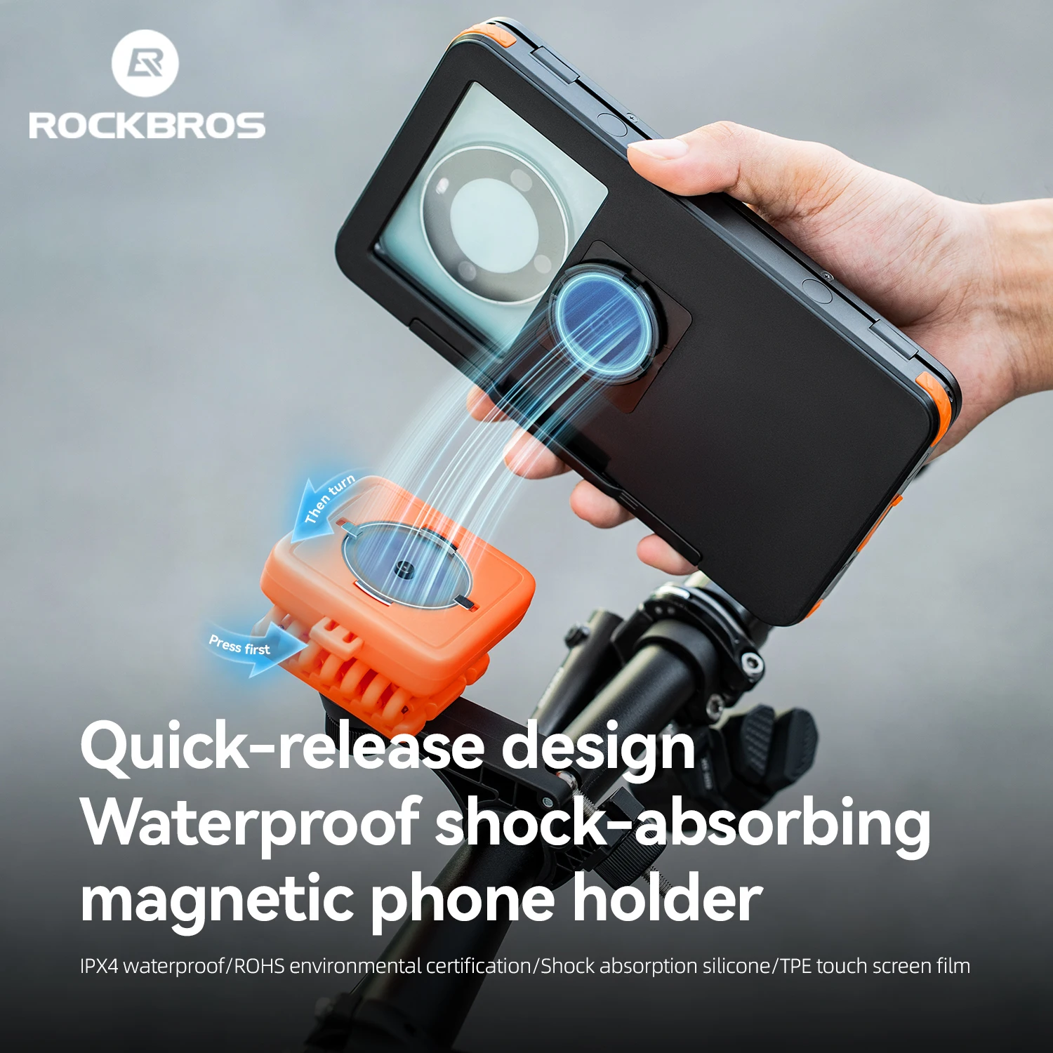 ROCKBROS Bike Phone Holder Magnetic Waterproof Shock Absorb Bicycle Phone Mount 360° Rotatable Quick Release Bike Phone Holder