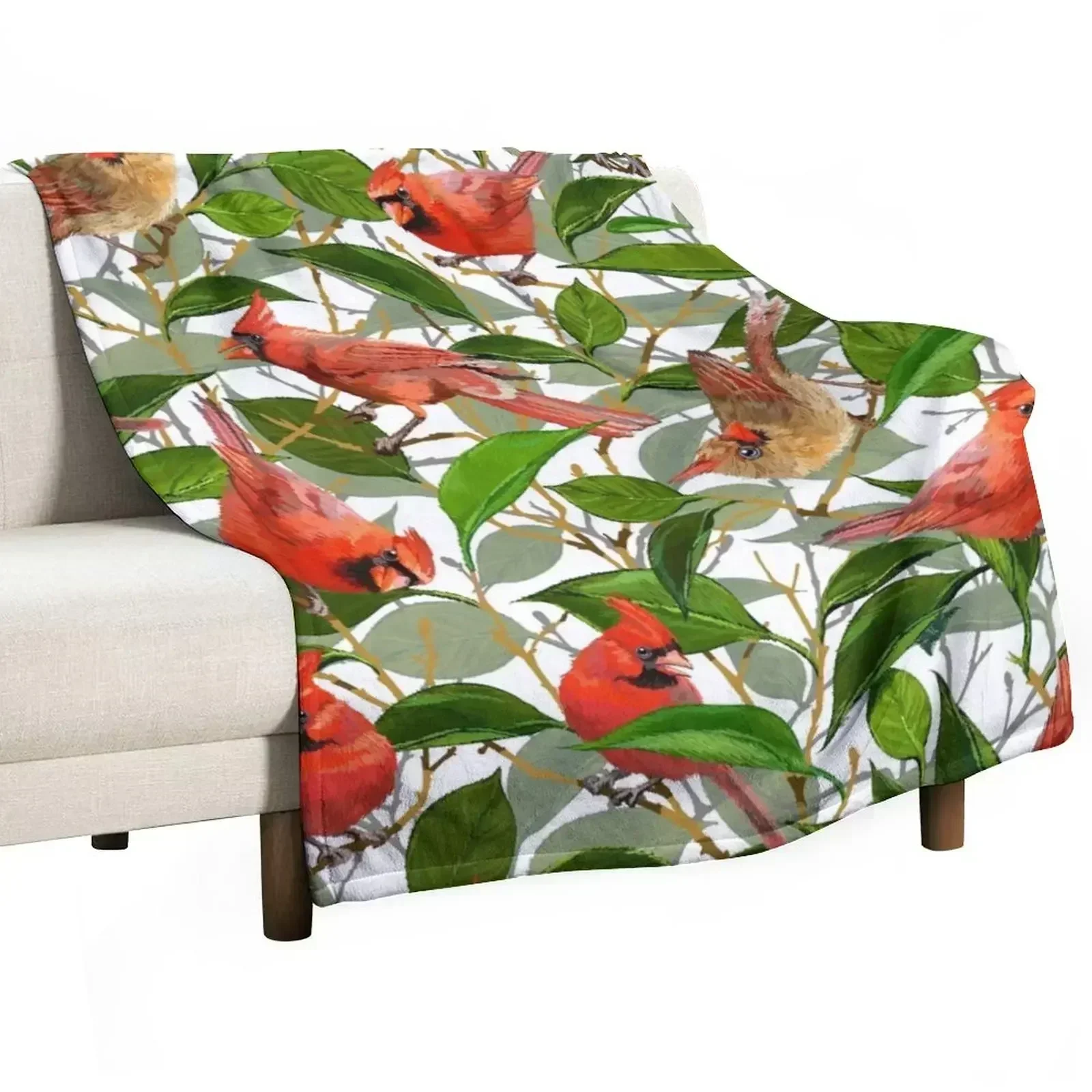 Summer Cardinals | White Throw Blanket Decorative Beds Flannels Picnic Beautifuls Soft Plush Plaid for sofa Blankets
