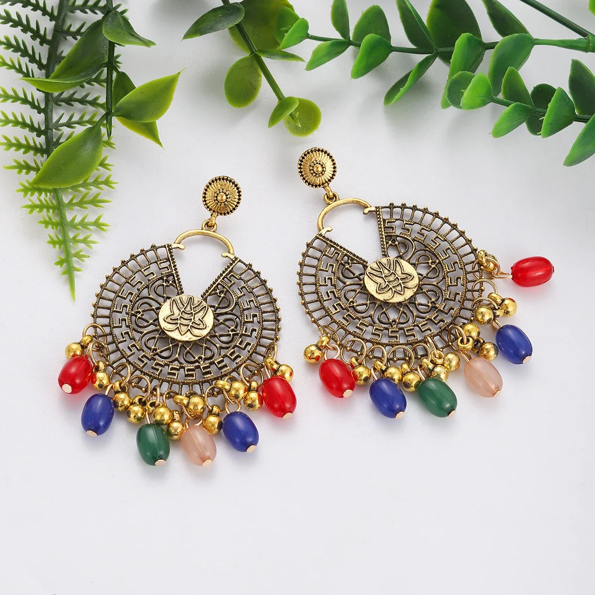 Ethnic Gold Color Hollow Indian Earring for Women Retro Antique Carving Butterfly Round Tassel Earrings Wedding Party Jewelry