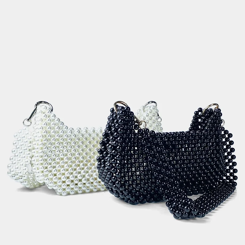 2024 New Chinese style socialite hand woven armpit small square bag bead pearl saddle bag banquet shoulder bag