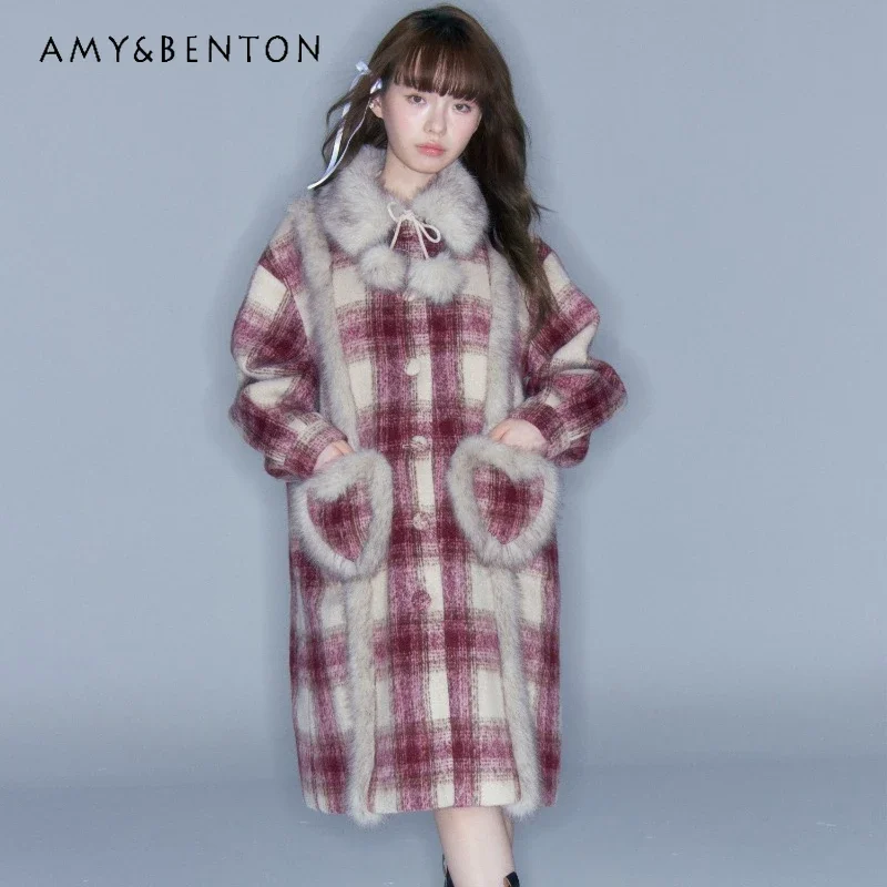 Japanese Style Fashion Design New Year Jacket Red Woolen Plaid Long Casual Coat 2023 Winter Warm Windbreaker Jaqueta Feminina