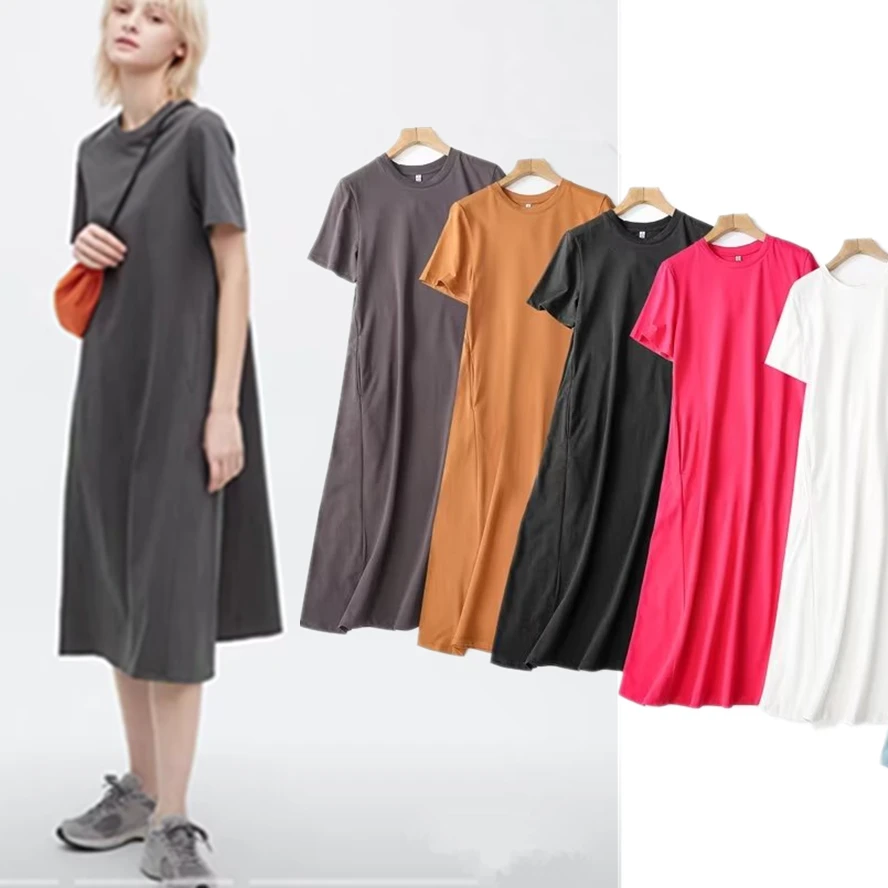 Withered Indie Folk For Women Fashion Simple Pure Cotton Round Neck Summer Dress Loose Casual Mid Dress