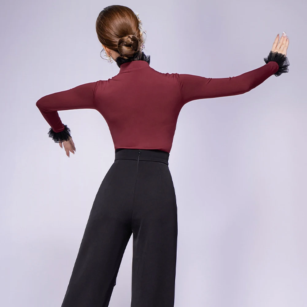 Black Cha Cha Dance Ball Top Slim-fit Slimming New Women's Top Long-sleeved Clothing New V-neck Practice Clothes