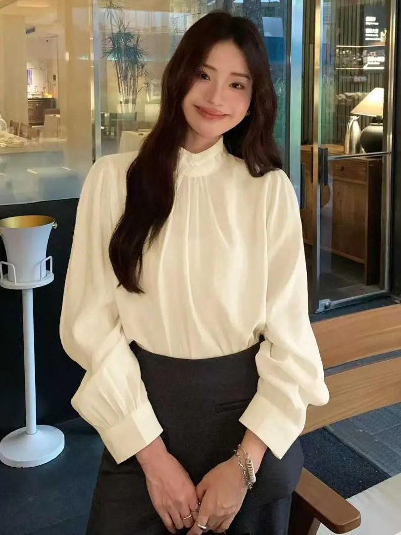 

Ele Long Sve irt Women's Faionable Bow Tie Stand Collar High-End Feeling Top Dongda Gate Ladies' Premium irt