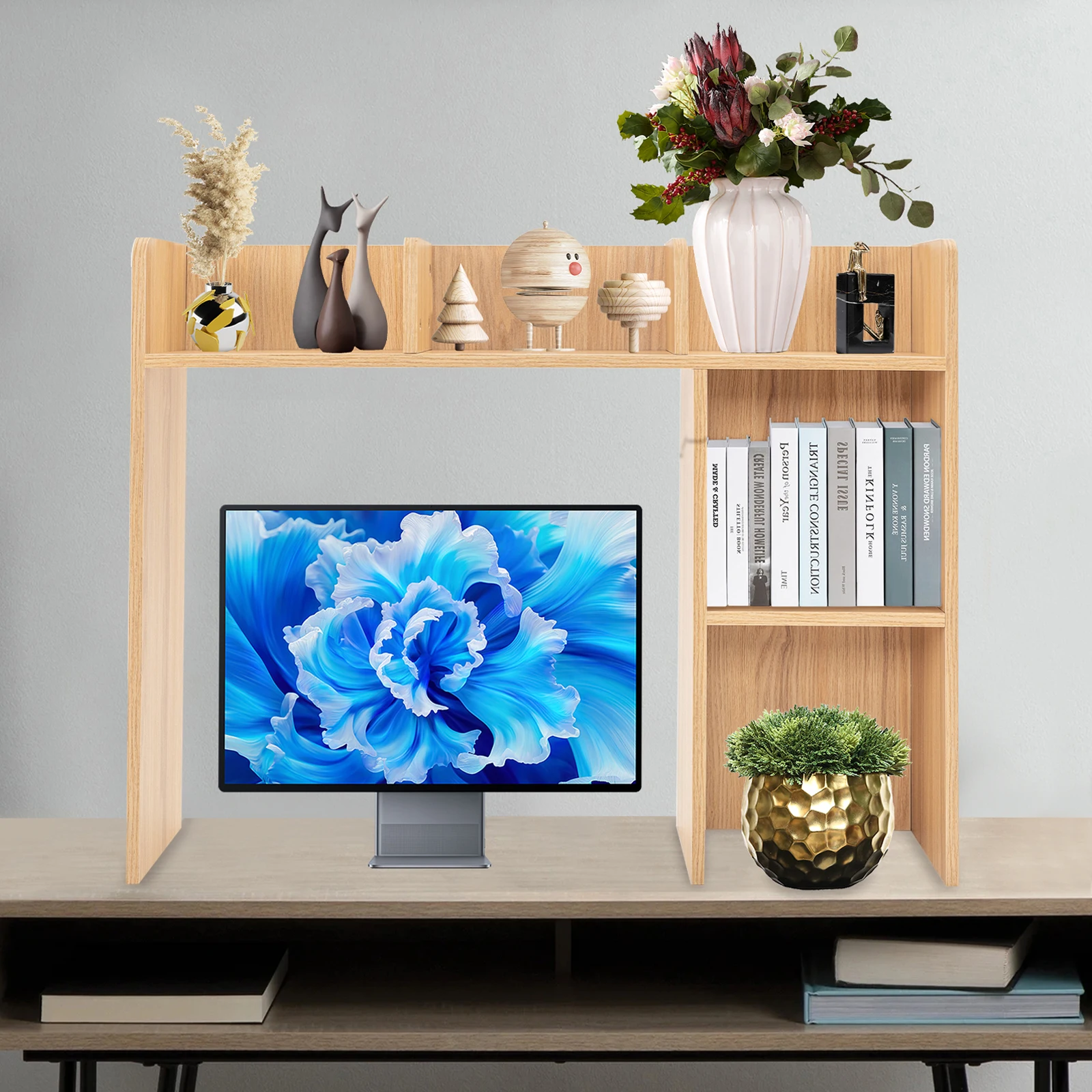 

3-Tier Desk Bookshelf Organizer, Office Desk Bookshelf Holder, Wooden Desk Organizer Sturdy Freestanding Storage Cabinet