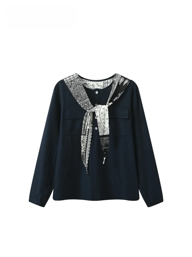 

Cara CLUB plus Size Shirt with Scarf Splicing Long Sleeve Women Early Spring New Style Fat Sister Elegant Versatile Top Trendy