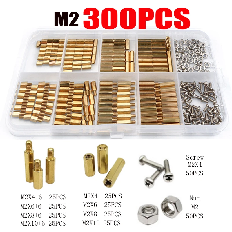 

300pc M2 Solid Brass Copper PCB Board Hex Hexagon Standoff Pillar Spacer Column Screw Nut Assortment Kit Set