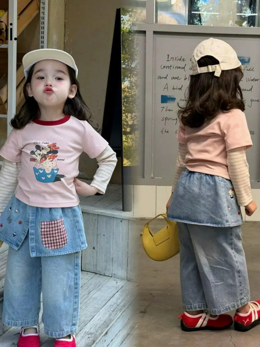 

Fashionable Korean Style Girls' Outfit Spring Autumn 2026 Cartoon Print Top And Denim Skirt Two-Piece Set Breathable Long Sleeve