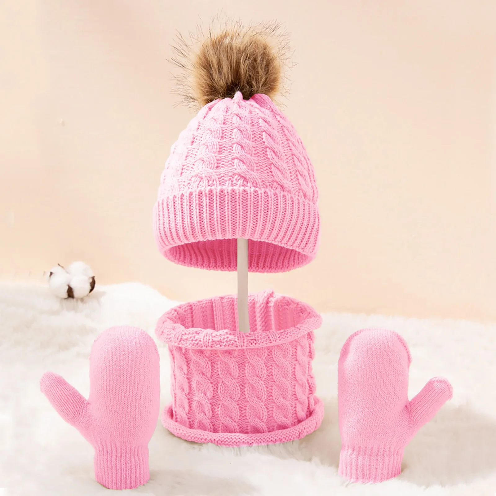 New Winter Hat Scarf Gloves Set for Kids 0-3 Years Boys Girls Children Cotton Warm Pom Poms Hat Sets Solid Color Cute Hat+Scarf