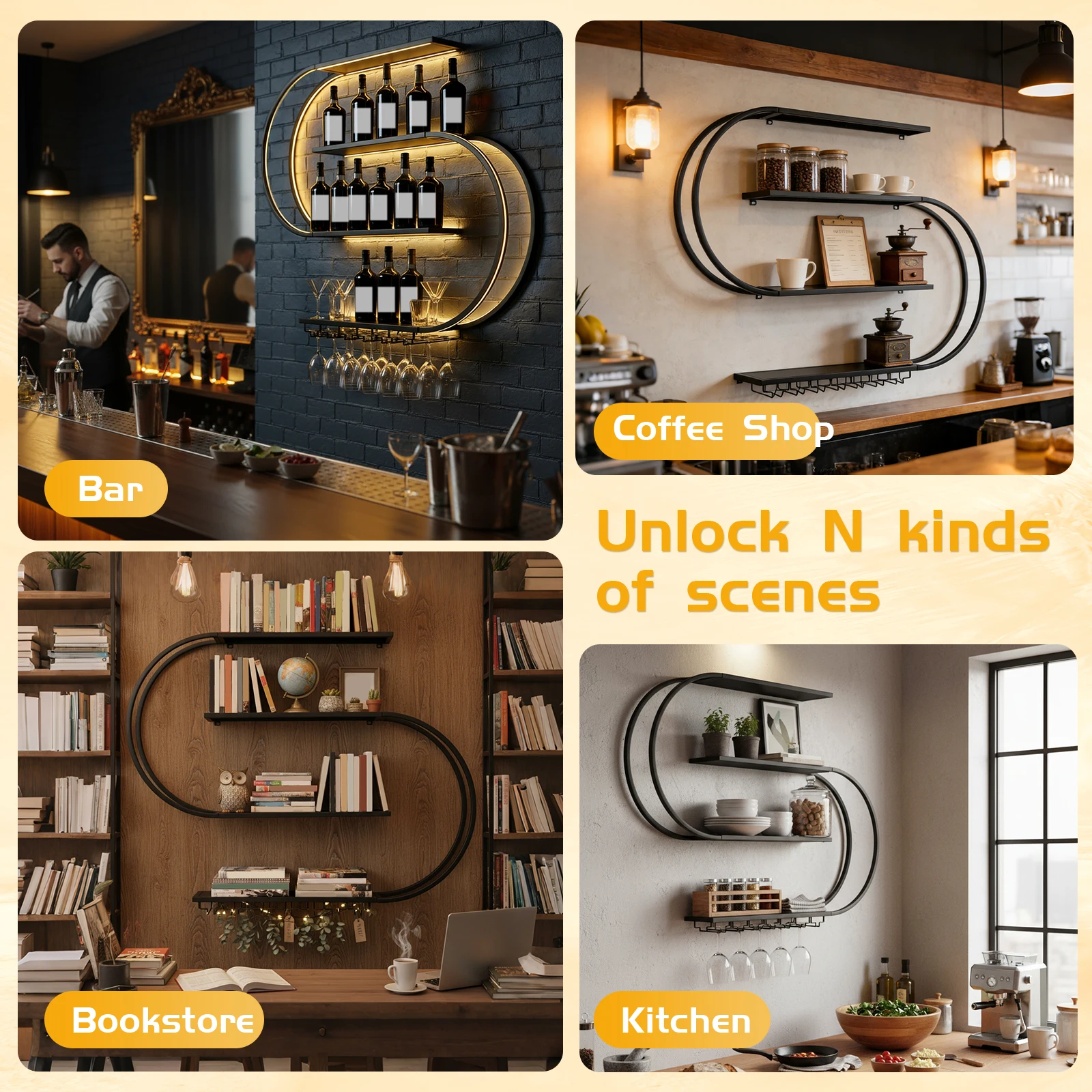 

Настенная 4-ярусная винная полка с LED-подсветкой, плавающие полки для бутылок с подставкой для стаканов, для домашнего бара, кухни, столовой