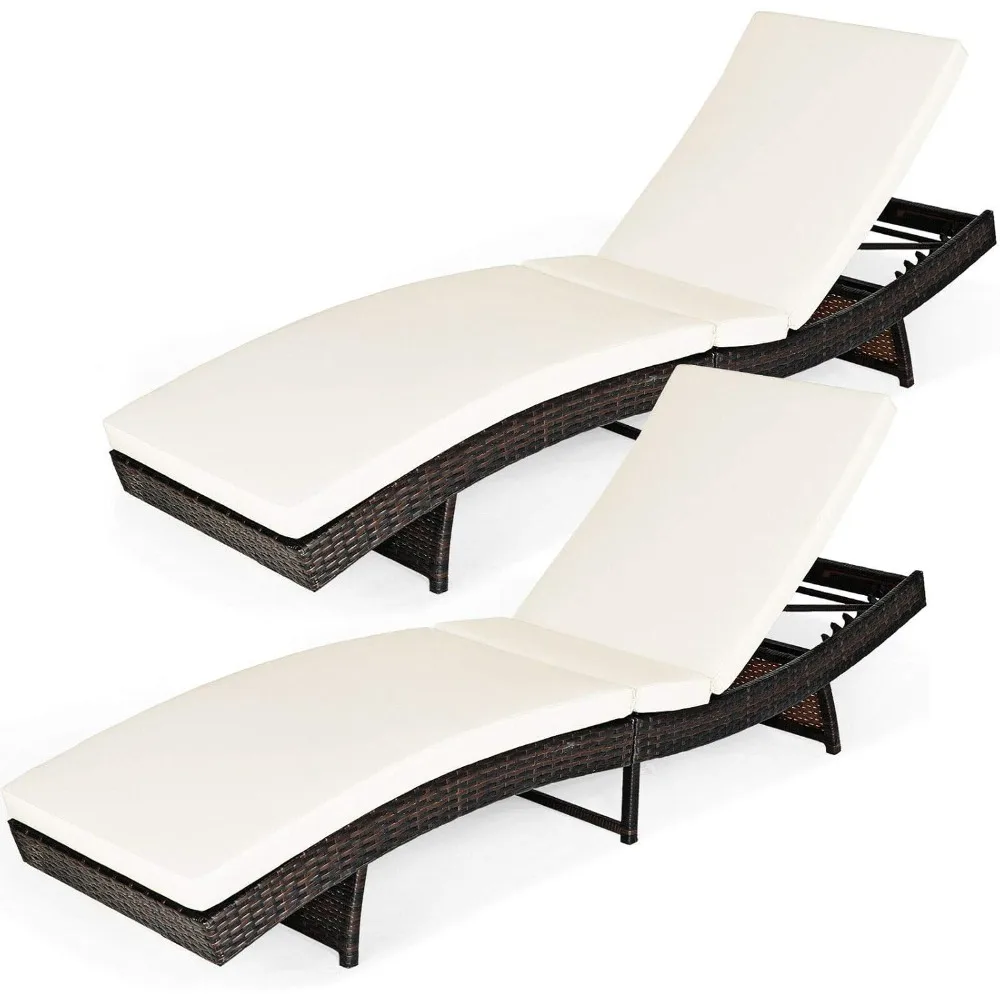

2PCS White Patio Rattan Folding Lounge Chair Chaise Lounge Sunbathing Bed Lounger Recliner Thick Cushion 5 Reclining Positions F