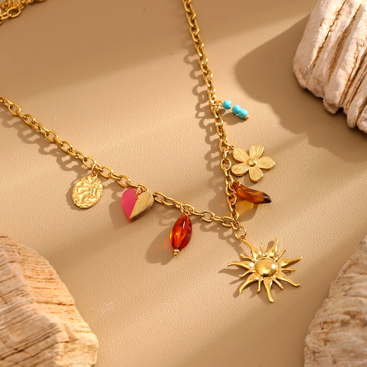 

SOVOB Stainless Steel Necklace Women's Golden Pattern Gorgeous Flower Heart Brand Sun Charm Necklace Women Classic Jewelry