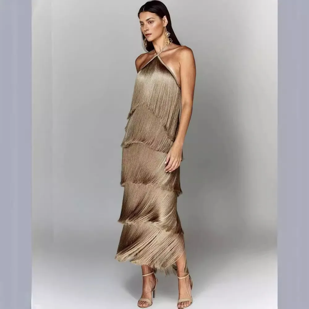 Halter Neck Fringe Dress Maxi Length Elegant with Single Sleeveless Pullover Commuter Chic Fringed Long Dress Summer for Women