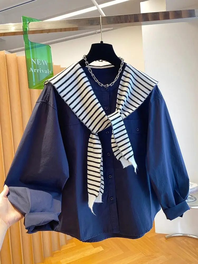 Women Detachable Shawl Collar Long Sleeve Shirt 2026 Autumn New Korean Style Loose Casual Blouse Elegant Unique Tops