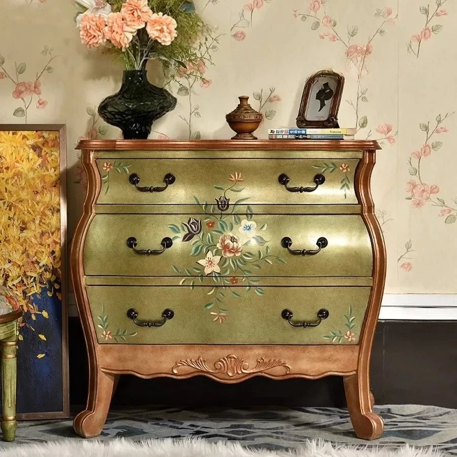 

Country Three-bucket Cabinet Solid Wood Bedroom Storage, Bedside Decorative Drawer, Living Room Dining Side Cabinet