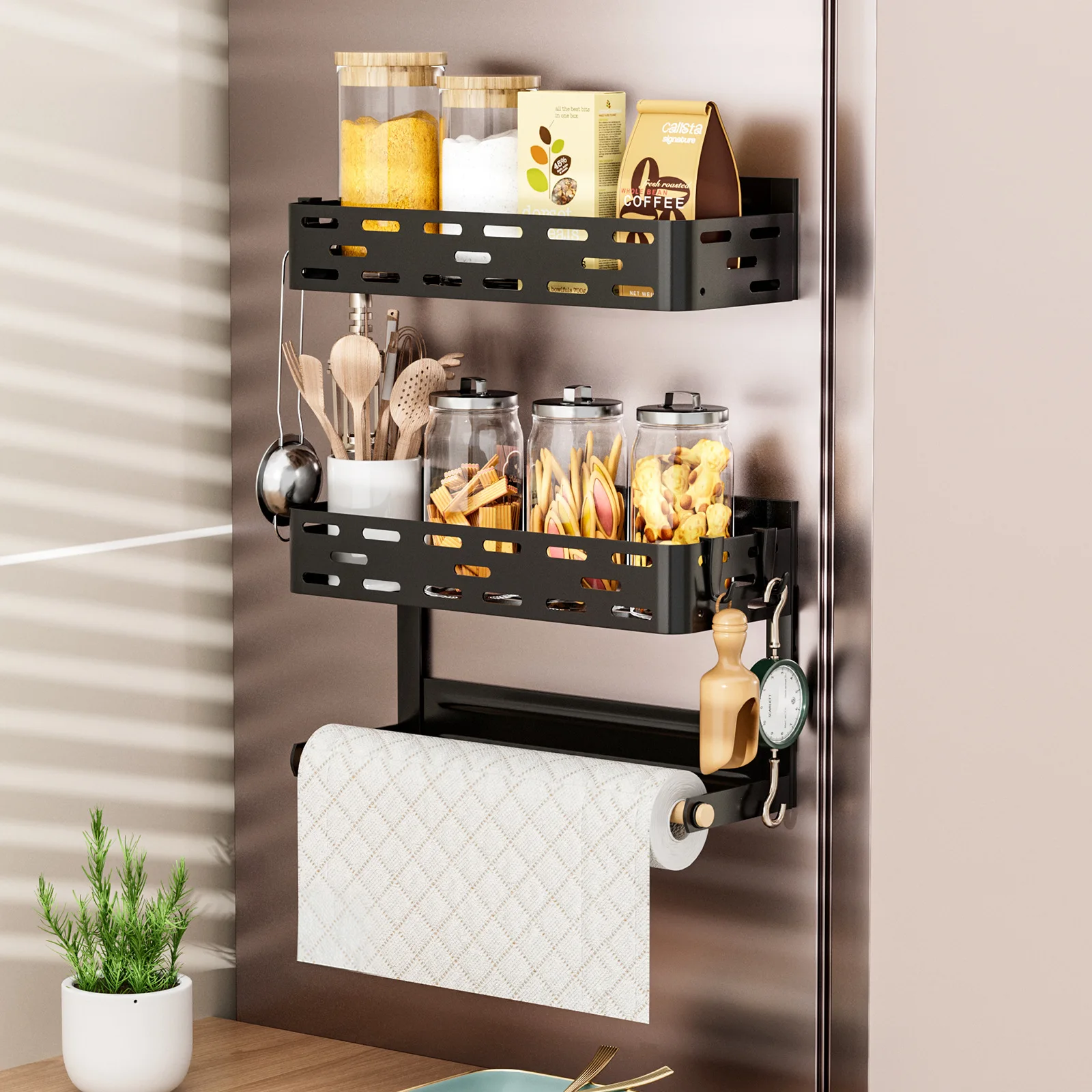 

Magnetic refrigerator shelf No punching refrigerator side hanger Household kitchen roll paper seasoning storage rack