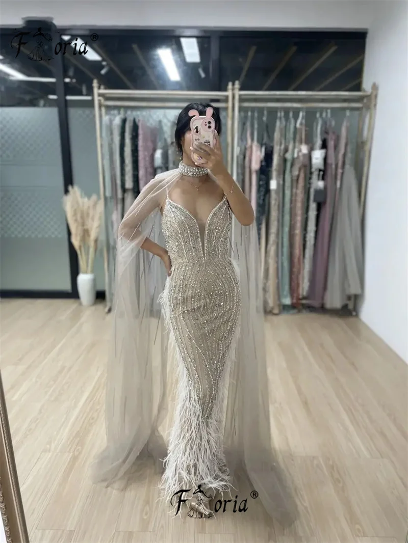 Stunning Mermaid Beaded Feathers Women Wedding Party Dresses Dubai Luxury V Neck Cape Sleeves Evening Prom Gowns Customized Robe