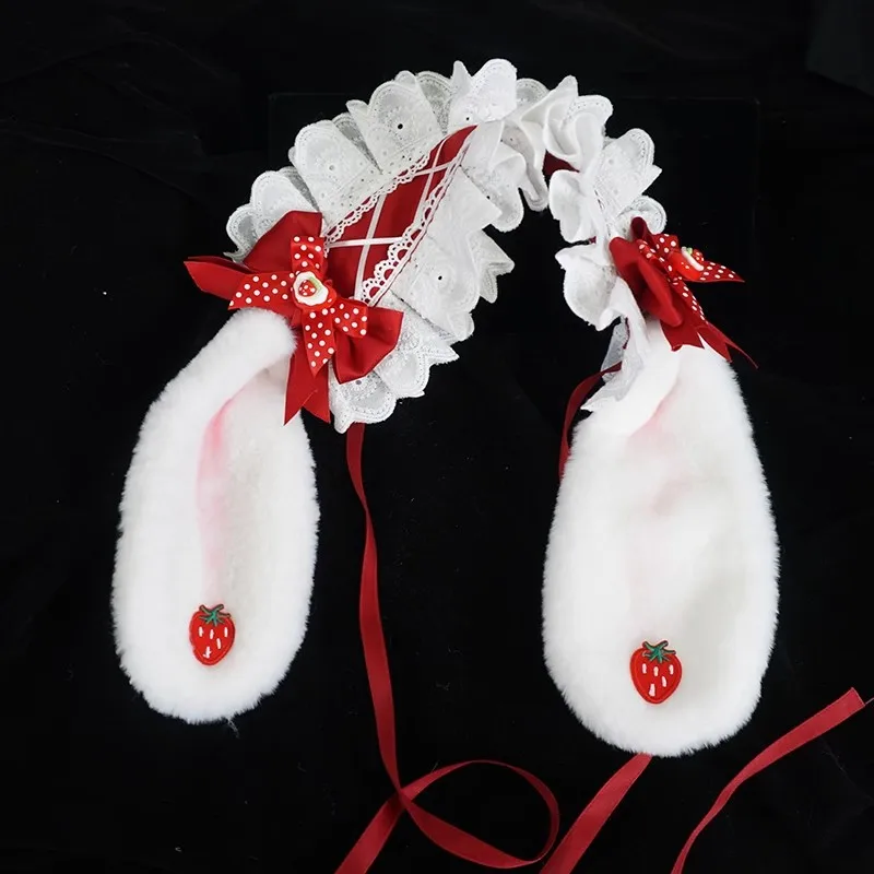 New Original Handmade Harajuku Strawberry Headpiece Lolita Japanese Sweet Bow Rabbit Ears KC Headband Maid Cute Hair Accessory