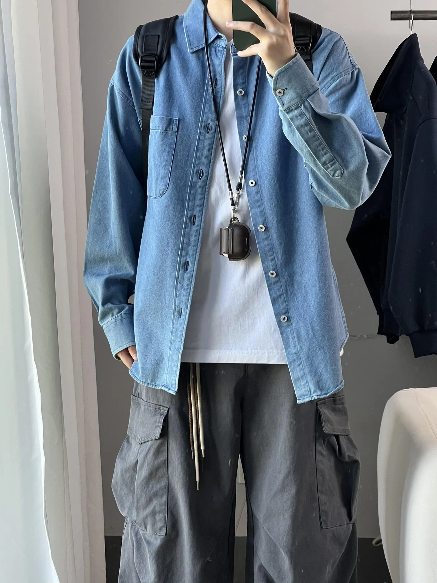 

Light Blue Washed Denim Shirt Men's Short Style Autumn Casual Wear Cleanfit Jacket Youth Trendy Long Sleeve Collar Pure Color