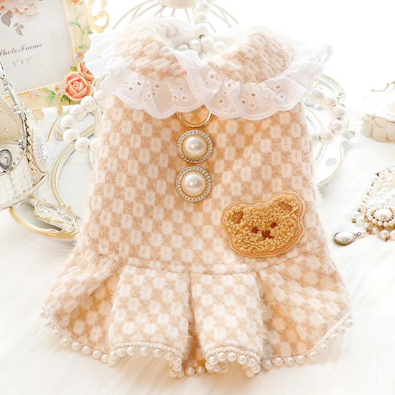 

Light Khaki Puppy Dog Cats Clothing Fashion Cute Bear Print Thick Cotton Warm Dresses For Small Medium Dog Poodle Pet Clothes