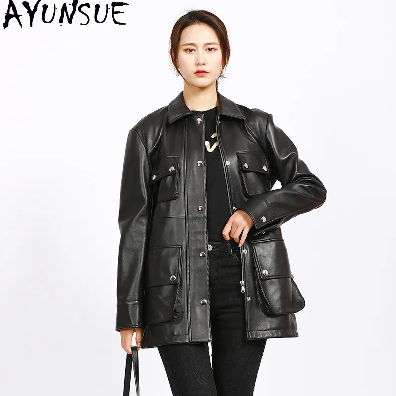 AYUNSUE Genuine Leather Jacket for Woman 2025 New in Coats Womens Leather Jackets Spring Autumn Clothes Belt Jaqueta De Couro