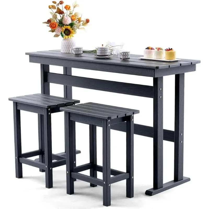 3-Piece HDPE Outdoor Bar Height Set: High Patio Table & Chairs for Balcony, Backyard, or Poolside (Grey)