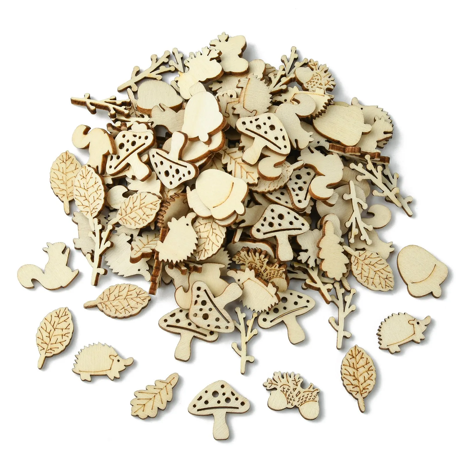 200Pcs Random Forest Animal Unfinished Wooden Cutouts Squirrel Hedgehog Leaf Mushroom Wood Slices for DIY Crafts Art Decor